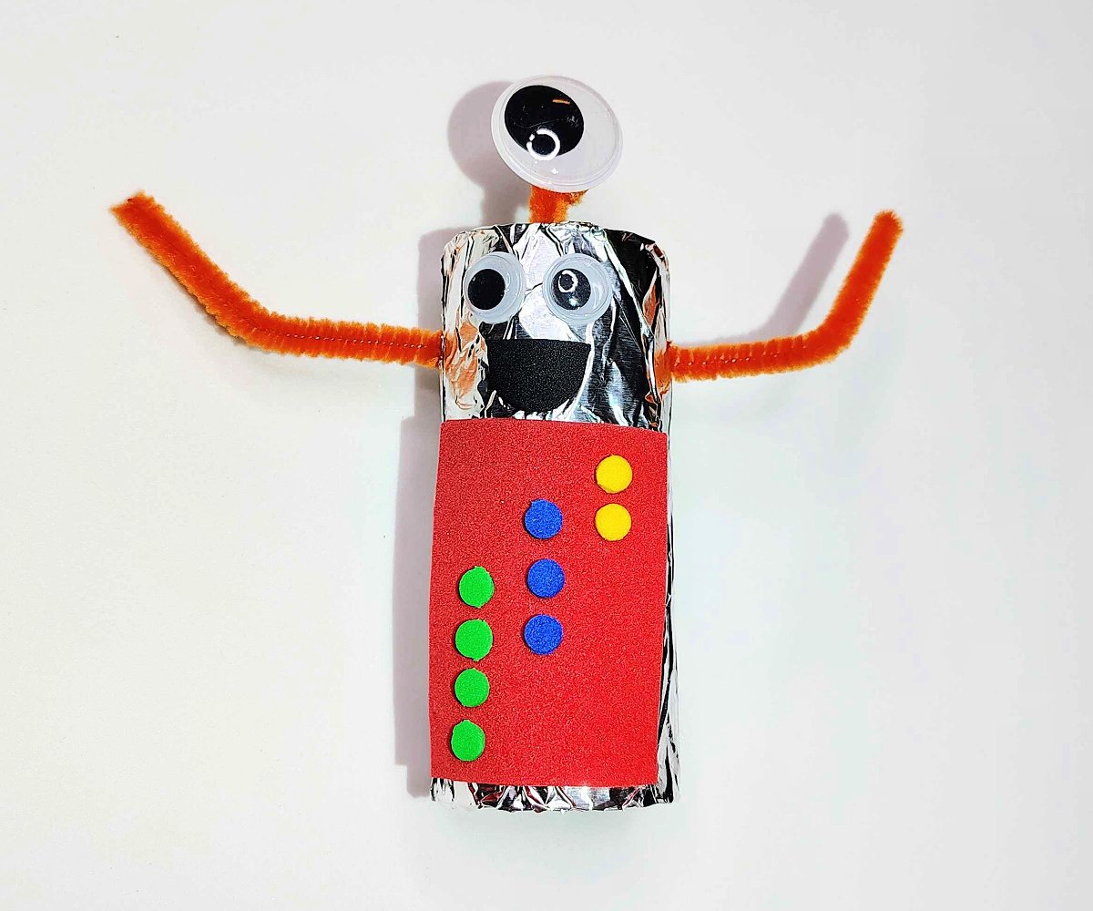 Toilet Paper Roll Craft- Step 7- yellow, blue, and green dots added to red rectangle- Kids Activities Blog