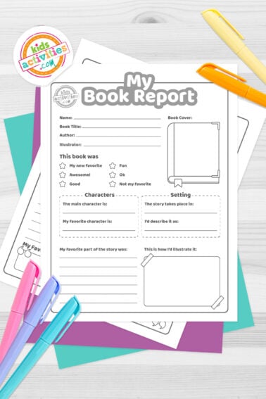 Black and white printed book reporte template on top of blue-green and purple sheets with assorted markers on a dark grey background. printed pdf version from Kids activities blog.