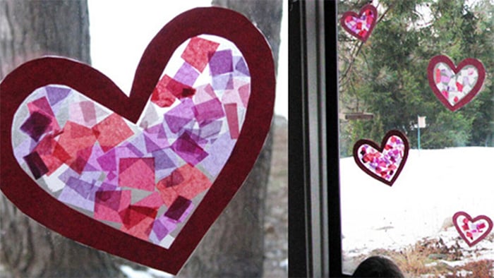 construction paper crafts - window cling hearts made from construction paper