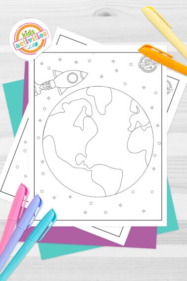 Set of black and white Earth coloring sheets, on top of blue-green and purple sheets with assorted markers on a dark grey background. printed pdf version from Kids activities blog.