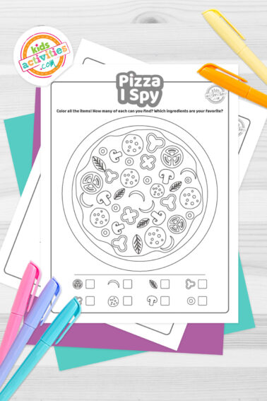Black and white I spy worksheet printables on top of blue-green and purple sheets with assorted markers on a dark grey background. printed pdf version from Kids activities blog.