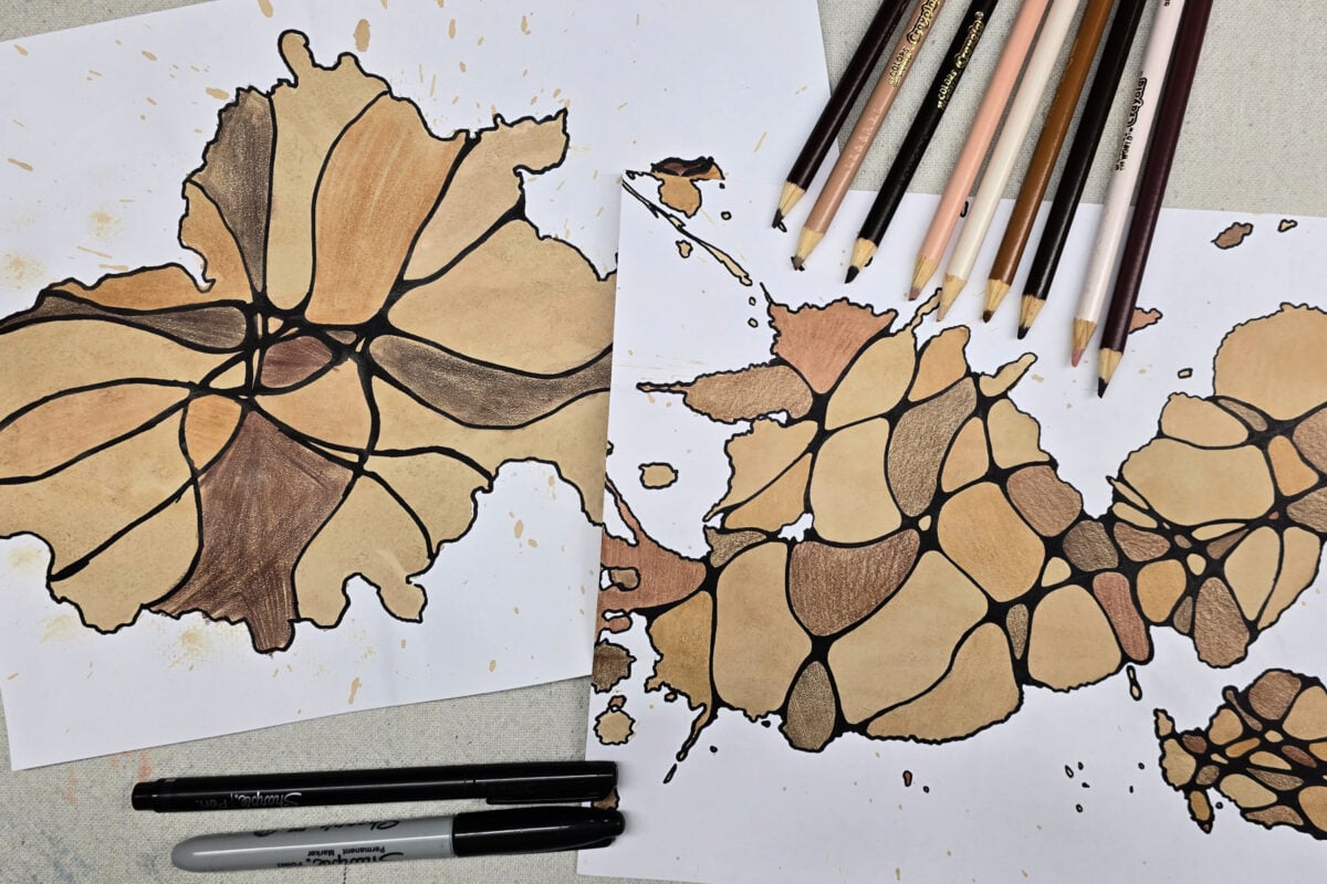 completed monochrome neurographic art projects featuring brown colors over a coffee spill on cardstcok - kids activities blog