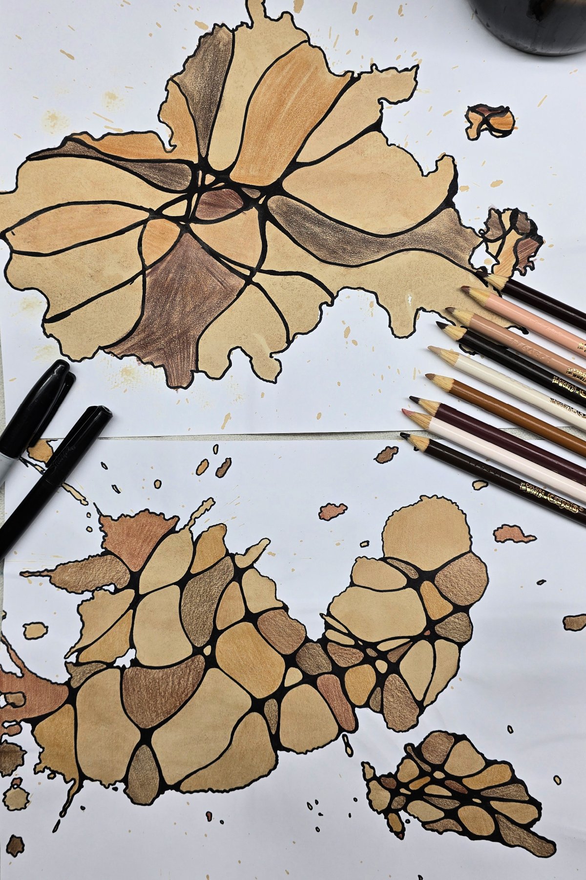 completed monochrome neurographic art using coffee, colored pencils, and permanent markers on cardstock - kids activities blog