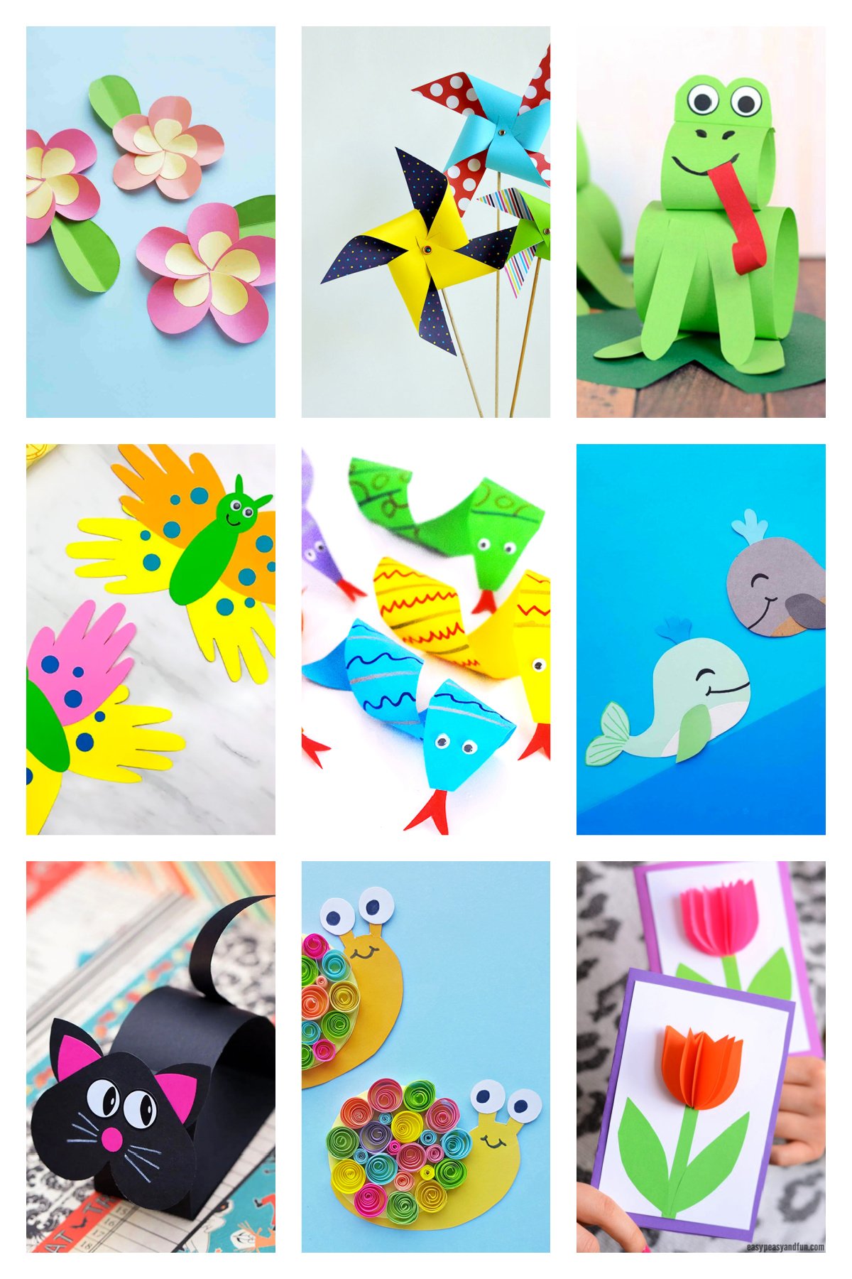 Construction paper crafts Feature image - Collage of 9 Construction paper crafts - including a yellow paper pinwheel, bright green paper frog, and paper snail with a colorful shell.