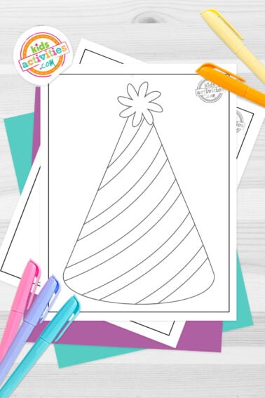Black and white party hat template printables on top of blue-green and purple sheets with assorted markers on a dark grey background. printed pdf version from Kids activities blog.