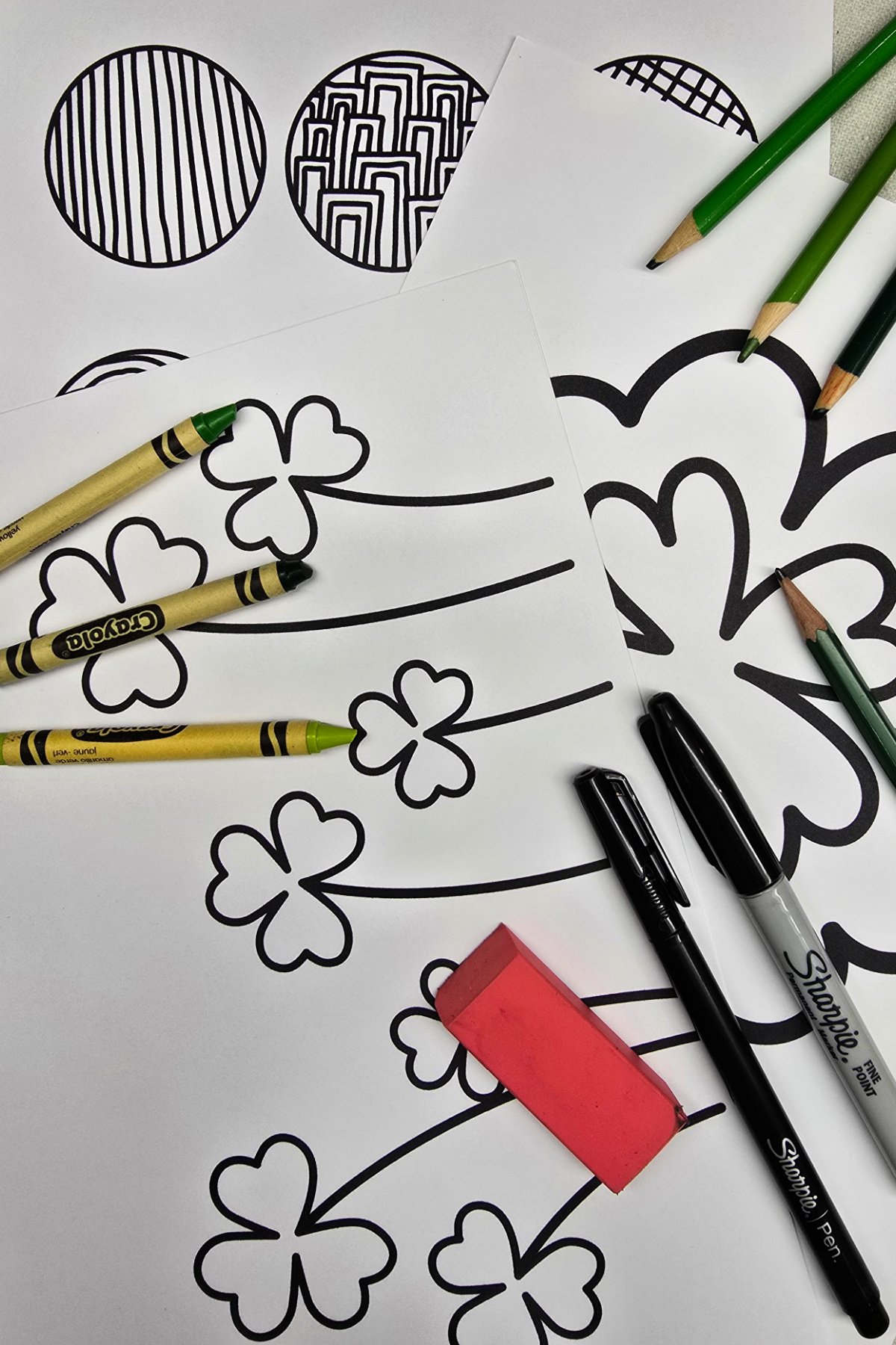 shamrock zentangle supplies include coloring pages, pencil, fine tip permanent markers, and crayons or colored pencils. kids activities blog
