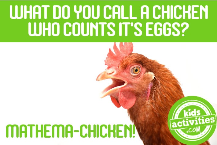 Chicken joke: What do you call a chicken who counts its eggs? A mathmeCHICKEN - Kids Activities Blog logo - chicken on white background