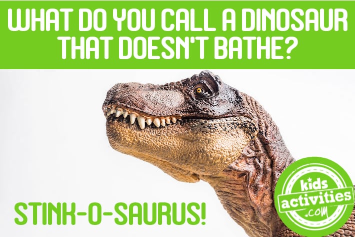 Dinosaur joke: What do you call a dinosaur that doesn't bathe? A Stink-o-saurus! - Kids Activities Blog logo - dinosaur head on white background