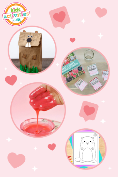 A collage of different crafts done with february holdiays in mind, such as valentine's day or groundhog day.