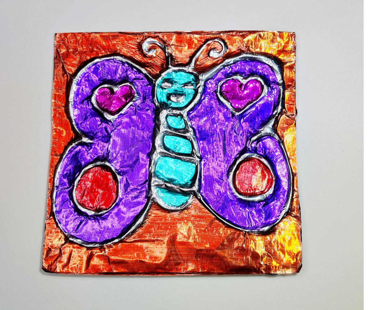 Completed Butterfly Foil Art purple, orange, red, pink, and blue- kids activities blog