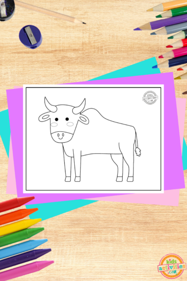 Zebu coloring page printed pdf file on a wooden background with coloring supplies and colorful accessories- kids activities blog