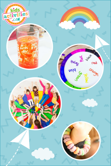 Image has a blue background with a collage of circular pictures of large group activities, one is an orange lava lamp in a glass, a large group of kids sitting on a large rainbow colored round mat, a game piece with multicolored writing and a bracelet of frootloops from Kids Activities Blog.