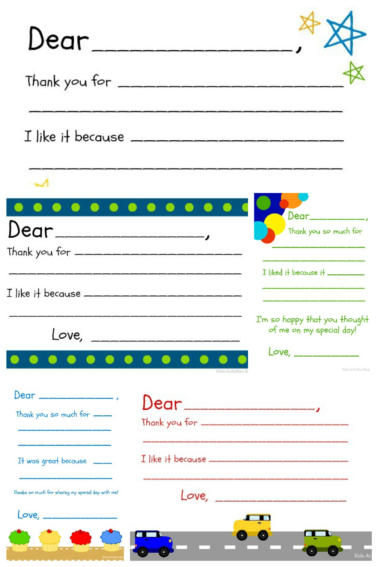 Thank you cards for kids- printed pdf files with 5 different thank you cards all colorful with designs- kids activities blog