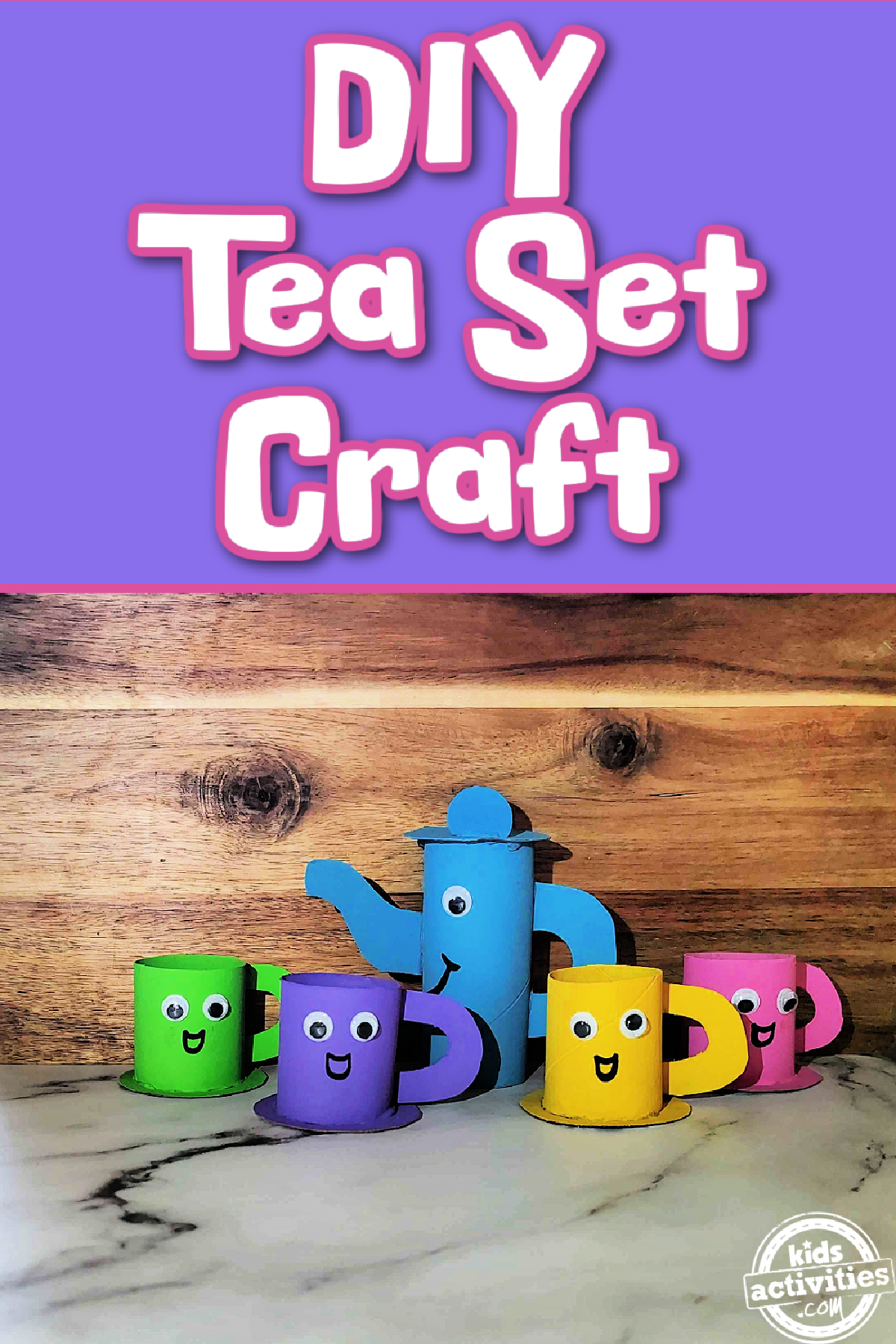 Paper Tea Cups- Text with green, purple, yellow, pink tea cups and blue tea pot against a wooden background- kids activities blog